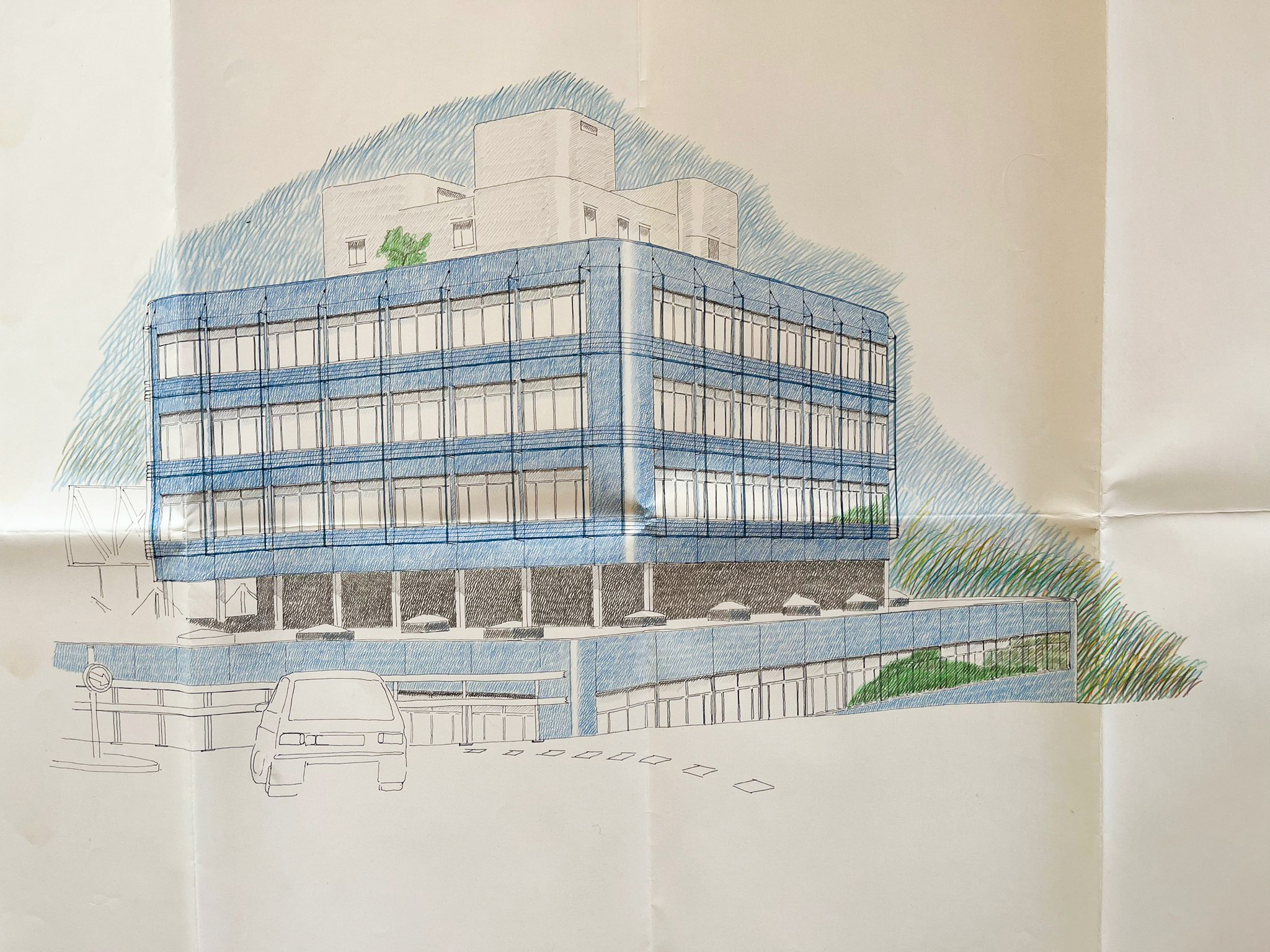 Skizze einer künstlerischen Umsetzung der Renovierung <br> von der Brise Soleil, Swisscom Arlesheim (urspr. geplant v. Herman Baur) - <br> Auftrag im Rahmen einer Mitarbeit als freischaffender Architekt bei Buser & Minder.